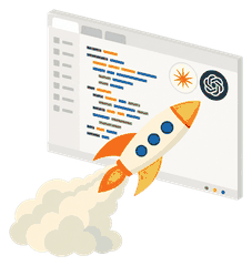 A rocket launching alongside AI assistant marks